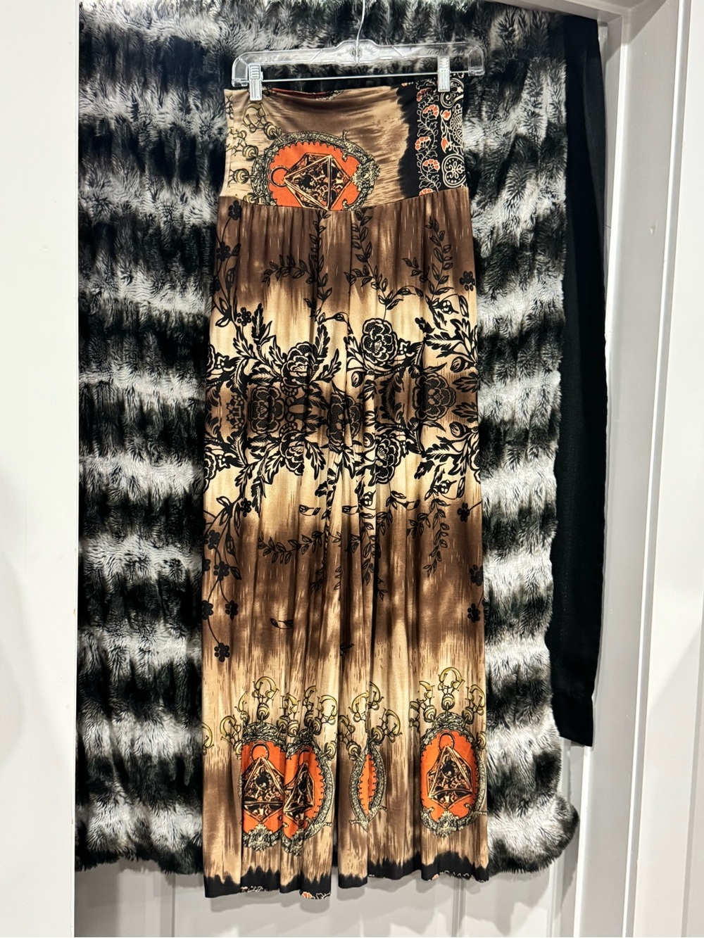 Boho Floral WIDE  FLARED LEG PANTS in Brown and Black with Orange Accents.